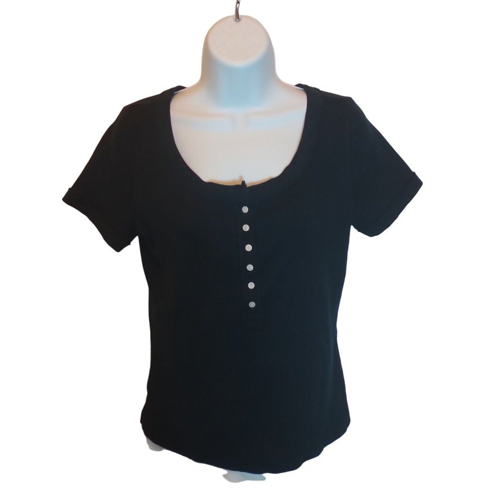 Women's Liz Claiborne Lizwear Navy Blue/White 1/4 Botton Up Short Sleeve Shirt